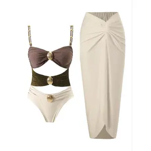 Women'sCutOutRuchedOne-pieceSwimsuit&KnotSideCoverUpSkirtSet,SleevelessSwimTop&CoverUpSkirt,LadiesSwimsuitforBeachHolidayVacation