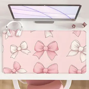 [Mouse Desk Pad] Non-Slip Mouse Pad Large Gaming Mouse Pad With Rubber Base & Stitched Edge Pink White Bow Kawaii Design Girly Office Supplies Desk Top Protector Mat For Home Office Use Perfect Gift For Girls Teens Birthday Christmas