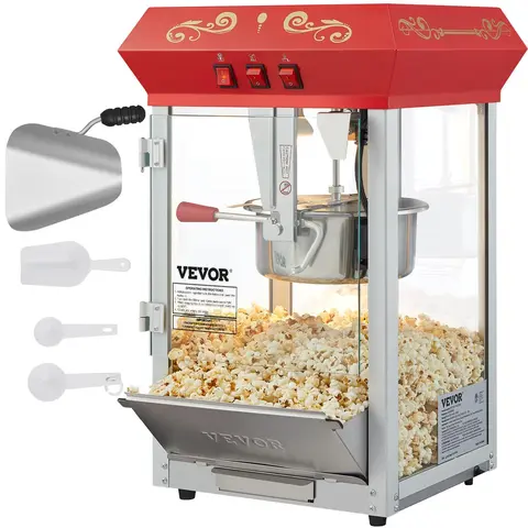【Fallpicks】VEVOR Commercial Popcorn Machine, 8 Oz Kettle, 850 W Countertop Popcorn Maker for 48 Cups per Batch, Theater Style Popper with 3-Switch Control Steel Frame Tempered Glass Doors 1 Scoop 2 Spoons, Red