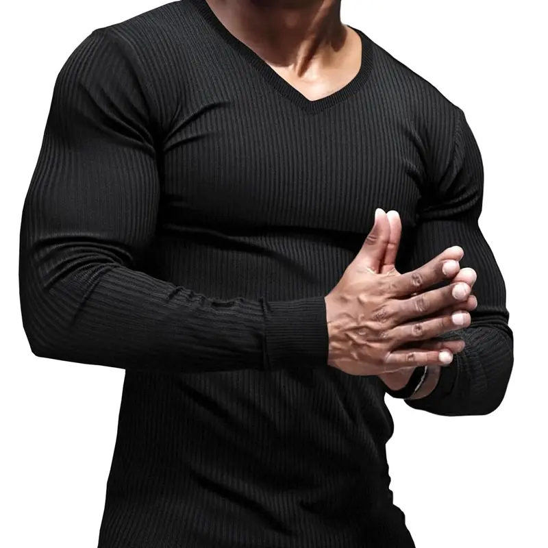 Lehmanlin Men's Slim-Fit Long-Sleeve V-Neck Knit Top — Stretchy ribbed fabric, warm base layer, solid-color pullover; suitable for fitness and outdoor activities.
