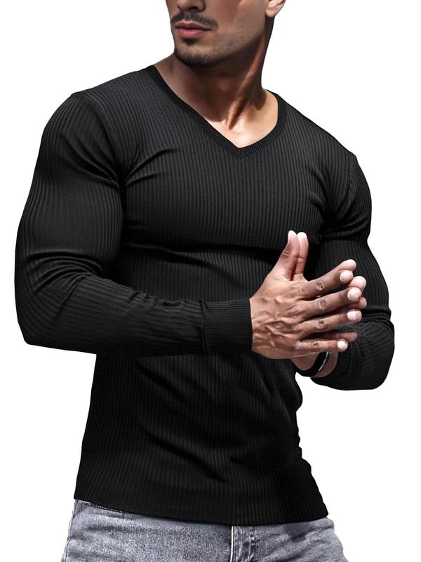 Lehmanlin Men's Slim-Fit Long-Sleeve V-Neck Knit Top — Stretchy ribbed fabric, warm base layer, solid-color pullover; suitable for fitness and outdoor activities.