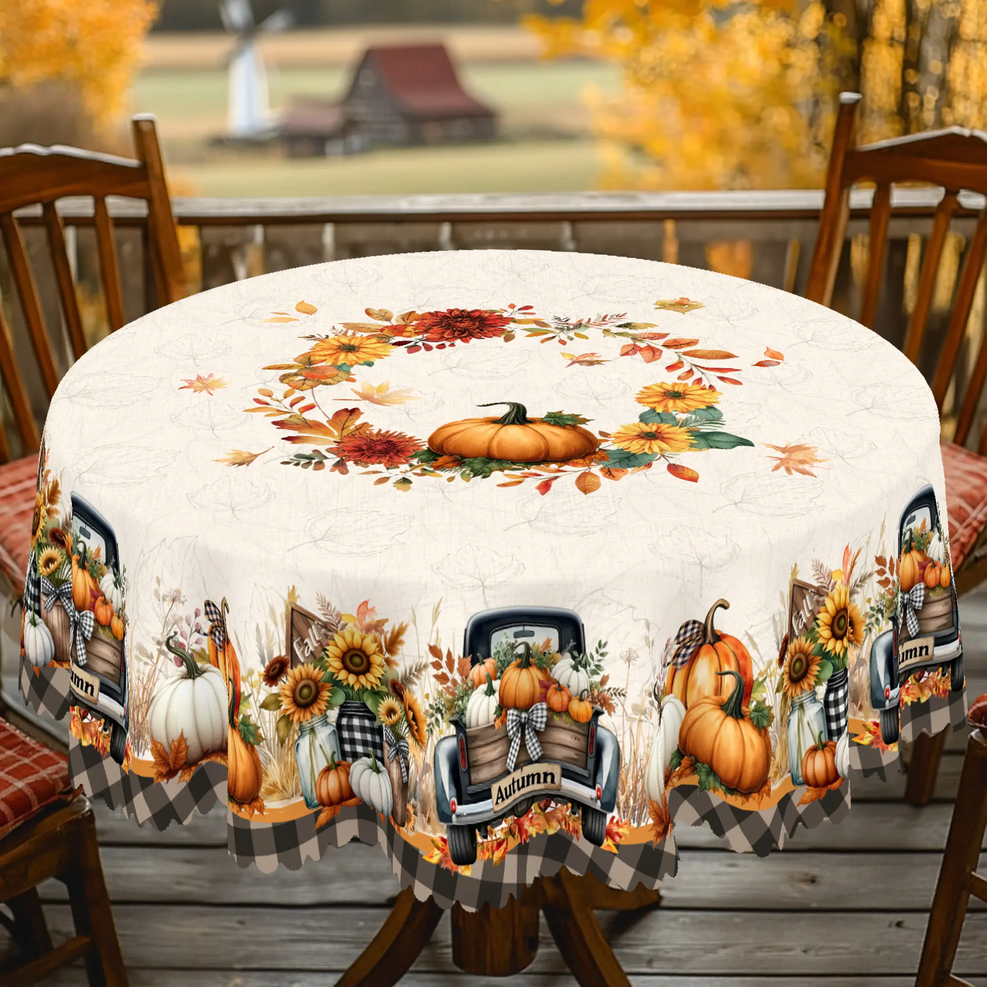 PLUMLIK Fall Farmhouse Tablecloth - Harvest Car, Pumpkin, Sunflower Floral Patterns, Vintage Rectangle/Round Covers (55x70in, 60x86in), Holiday Home Supply, Thanksgiving Decor, Housewarming Gift, Kitchen Accessory