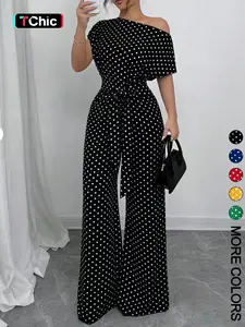 Women's Polka Dot Jumpsuit, Asymmetric One Shoulder, Short Sleeves, Waist Tie Belt, Wide Leg Full Length, Smooth Drapey Woven Fabric, Office Commute, Date Night & Party Wear, Breathable Non-Wrinkle Fabric, Elegant Retro Polka Dot Style