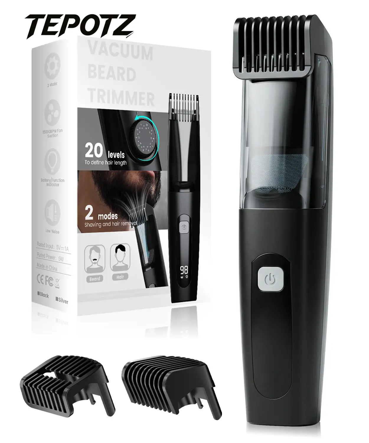 Vacuum Beard Trimmer for Men, No Mess Trimming, 40 Adjustable Lengths Dial, Smooth Ceramic Blade for Sensitive Skin, Waterproof Wet/Dry, LED Display, USB-C Grooming Kit shaver Hair Removal Tool