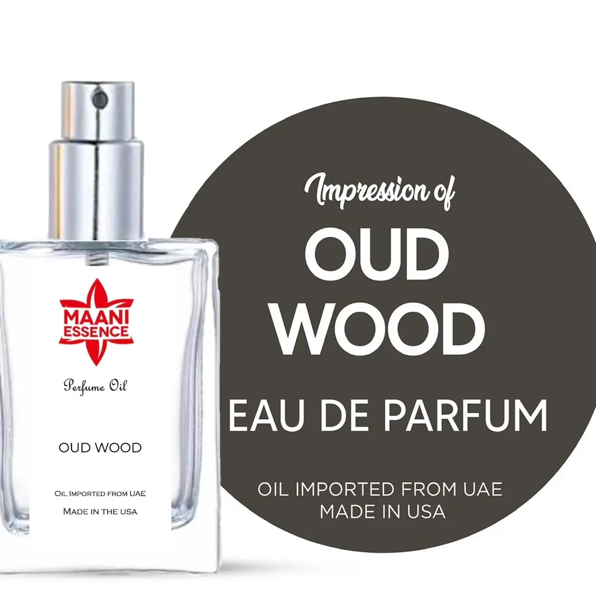 Maani Essence Woody Touch Eau de Parfum for Unisex, Our Impression of Oud Wood, Long-Lasting Scent (12-14 Hours), Made in USA, Unisex Names, Aromatic Woody, High Conc.
