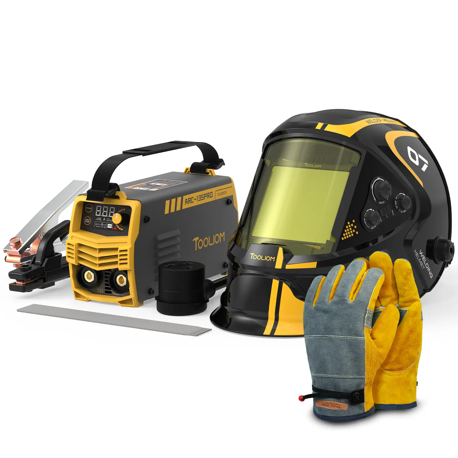 TOOLIOM ARC-135 Pro 2-in-1 Stick Welder Protection Bundle - 135A Dual Voltage MMA/Lift TIG Welding Machine with Auto-Darkening Welding Hood, Gloves & E6013 Rods