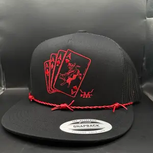 Red Gambler Hat - Black Snapback with Red Poker Card Design and Rope Detailing