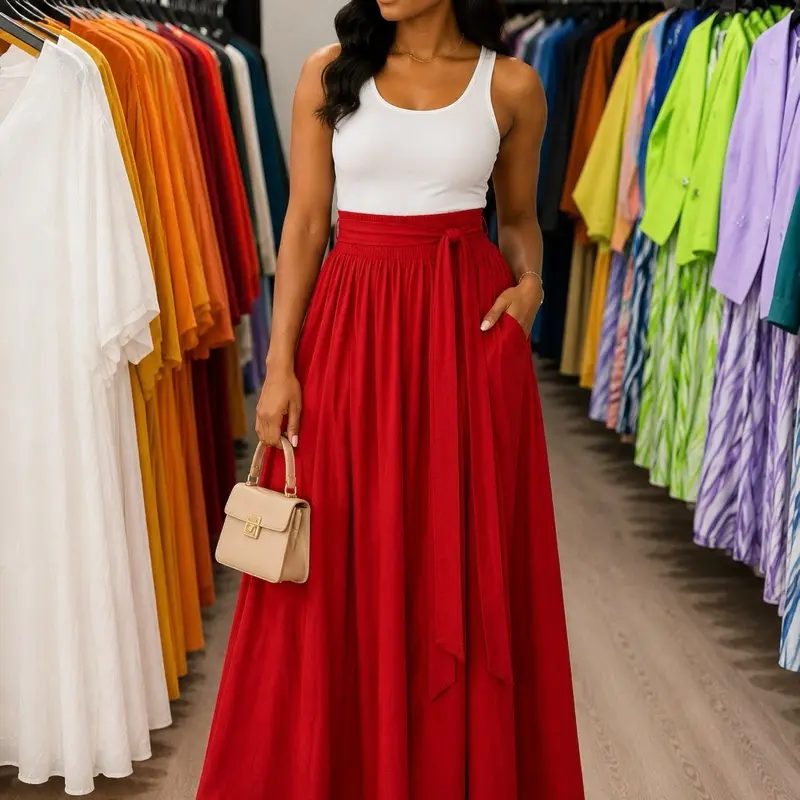 Red Maxi Skirt, High-Waisted, Flowy A-Line Design for Women's Casual & Party Wear