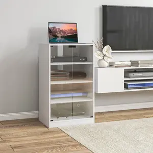 4-Tier Media Cabinet, Media Stand with Adjustable Shelves, Tempered Glass Doors, and Cable Manaent, Distressed White