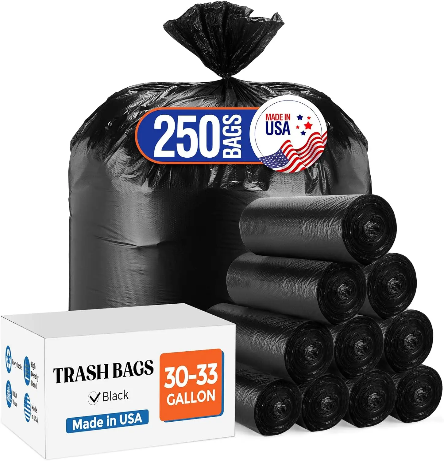 Delxo 30-33 Gallon Trash Bags, 250 Count Bulk Value Black Large Garbage Bag | Leak-Proof Star Seal Bottom, Plastic Bolsas para basura for Office, Retail, Kitchen, Yard, Garage, Paper Waste, Made in USA