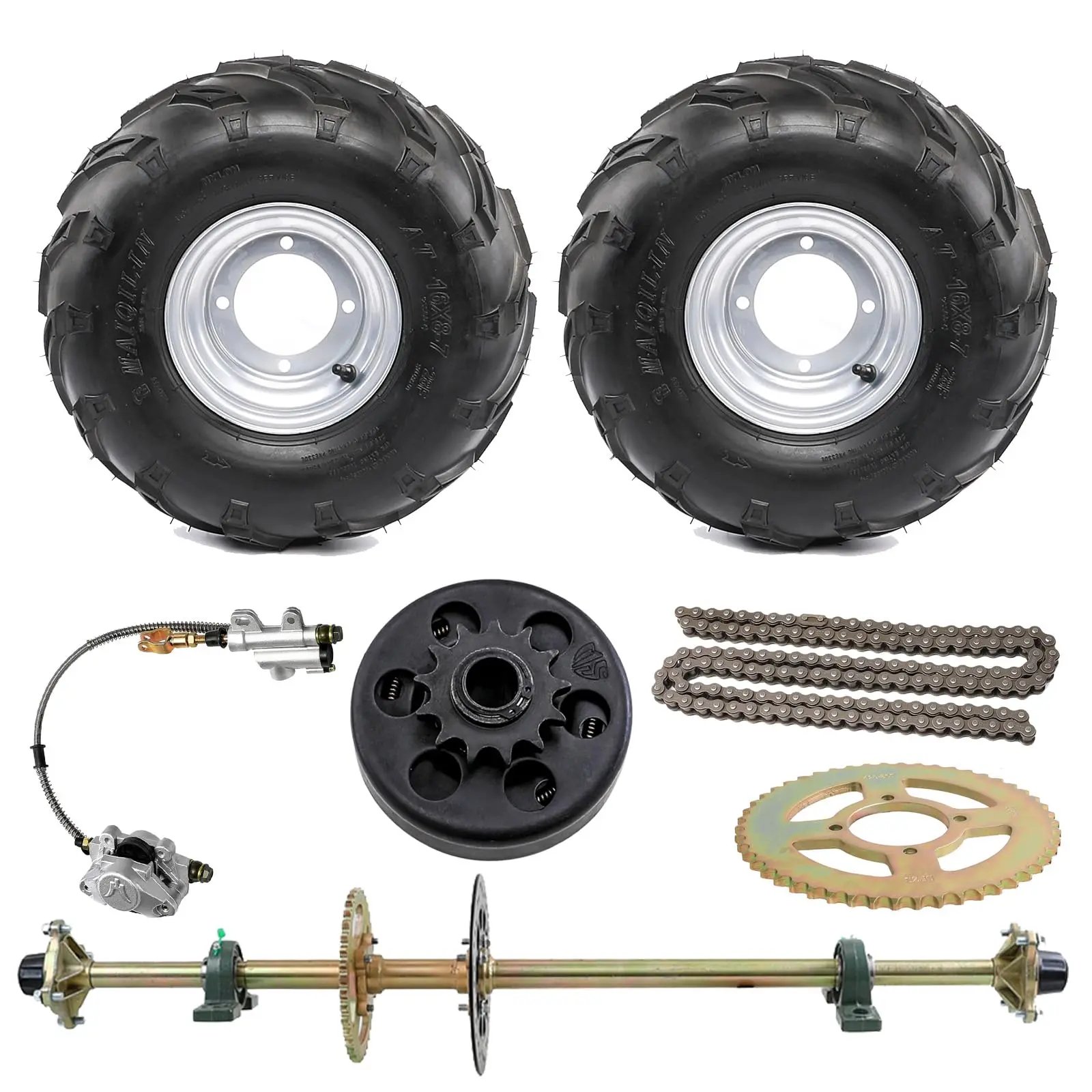 44" Go Kart Rear Axle Kit w/ 7" 16x8-7 Wheels, Brake Assembly, Sprocket, Chain, 428 Clutch for ATV UTV Drift Trike Golf Cart Quad Buggy Dune Moped Lawn Mower Four Wheeler Tricycle Offroad Motorcycle