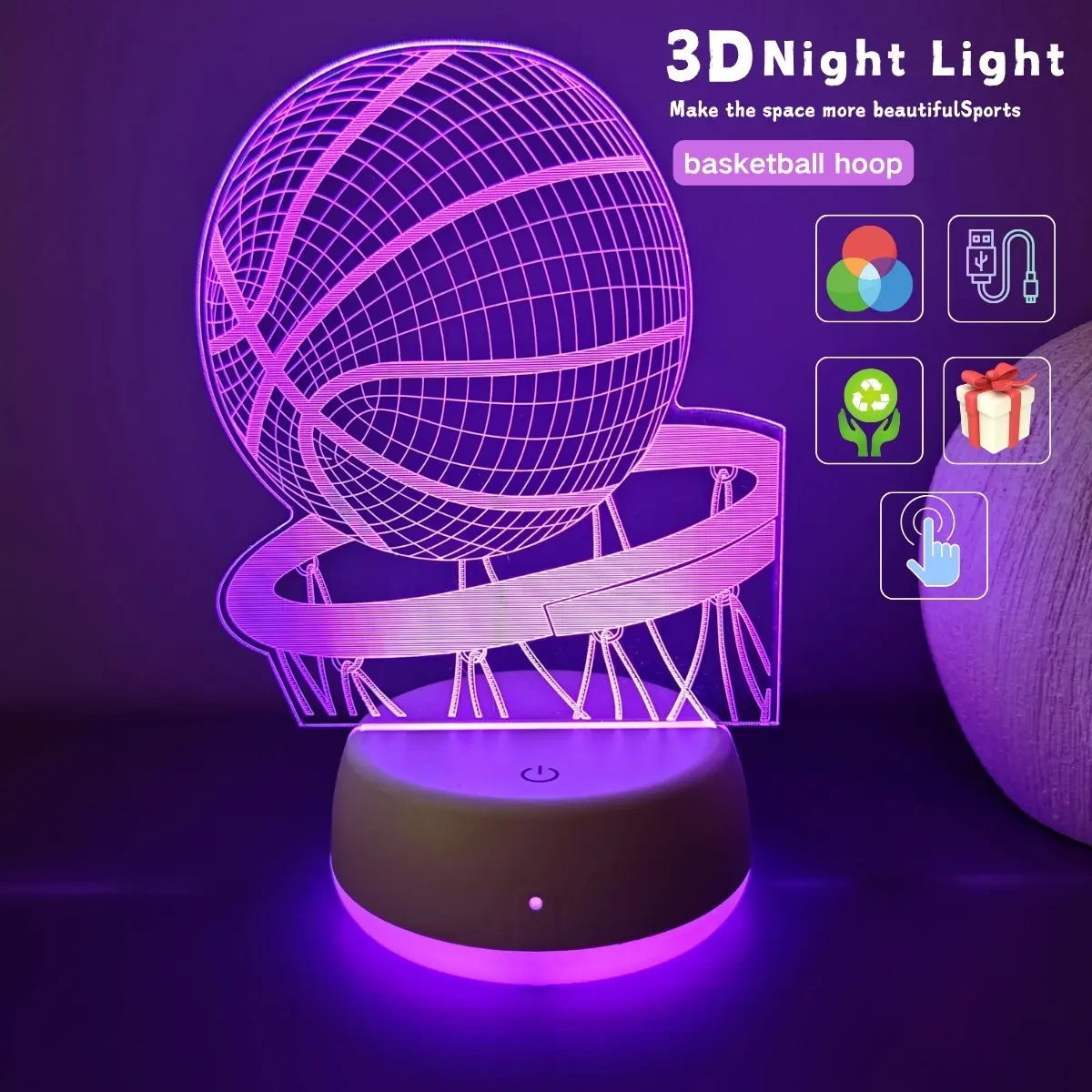 Colorful Basketball Hoop Night Light Illusion Lamp USB Powered Touch Control, Ideal for Bedroom Bedside Table, Bar, Party Decorations, Ambient Night Light
