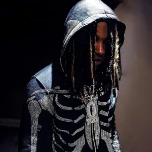 Gothic Rhinestone Skeleton Zip-Up Hoodie