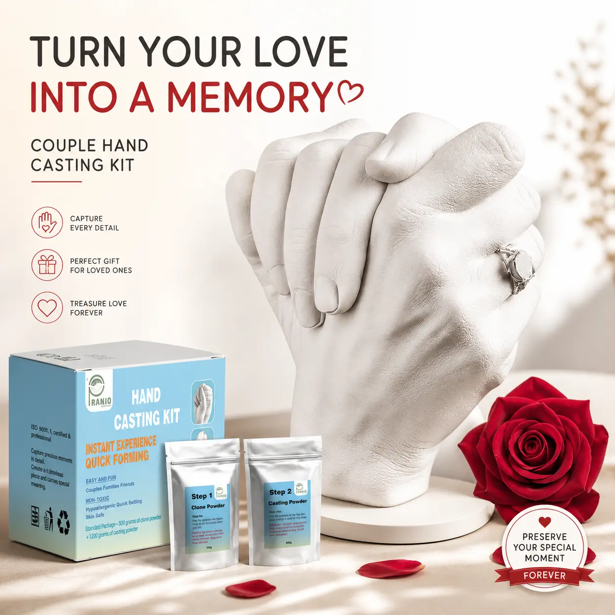 DIY Hand Casting Kit with 1200g Casting Plaster, Sandpaper - Beginner-Friendly & Easy to Use Customized Craft, Adults' Keepsake Gift for Girlfriends, Anniversaries