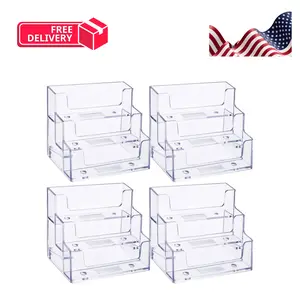 4 Pieces Business Card Holder for Desk 3 Tiers Clear Acrylic Stand
