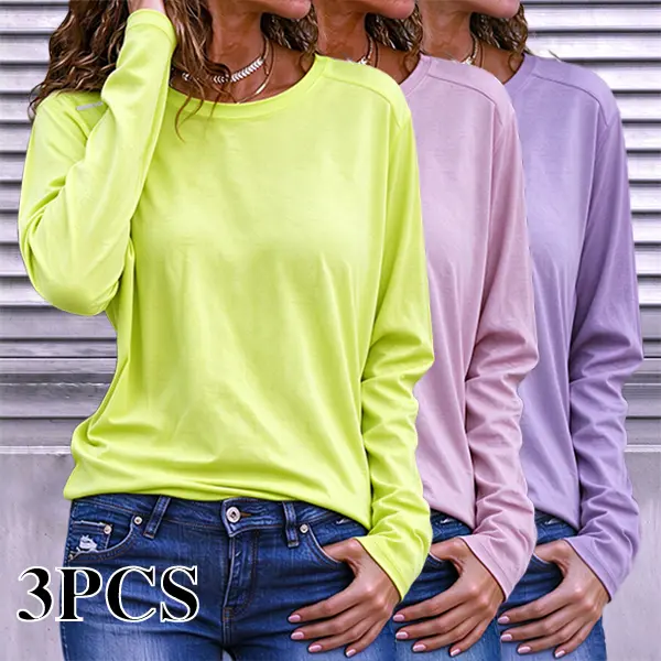 3-Pack Women’s Crew Neck Long Sleeve T-Shirts, Casual Solid Color Loose Fit Basic Tee Tops, Soft Long Sleeve Shirts for Everyday Wear