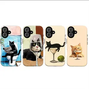 Cat Cocktail Optical Illusion Phone Case Set, Black White Lounge Martini Glass Olive Beige Brown Backgrounds With Whimsical Bar Vibes, Play Now Aesthetic Gift, iPhone 17 16 15 14 13 12 11 Pro Max Plus X, Galaxy S25 S24 S23 S22 S21 Ultra