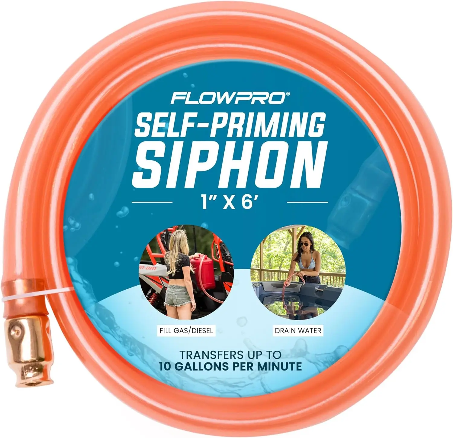 FlowPro Multipurpose Self-Priming Gas Siphon 1” x 6’ | Durable Industrial Grade Tubing Siphon Hose | Fuel Siphon for Gas, Oil, Water, Non-Corrosive Chemicals | 10 Gallons/Minute |