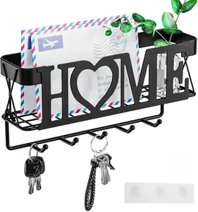 Key Holder for Wall - Key Rack with 5 Key Hooks, 11.02" L×2.75" W×4.92" H, Key and Mail Organizer Wall Mount with Mesh Basket, Key Hanger for Wall, Entryway, Home Decor(Matte Black)