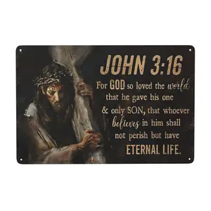 8x12 Inch Christian Metal Sign Suitable ，wall art decor， Metal Tin Sign Featuring 'JOHN 3:16', Designed in a Flat 2D Style, Showcasing a Brown Depiction of Christ Alongside a Wooden Cross. This Metal Wall Art Is Suitable for Hanging in Churches