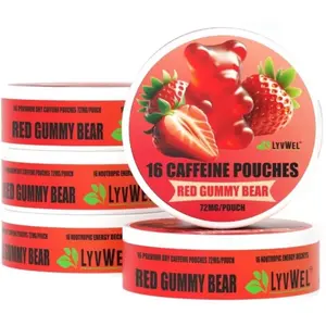 5-PACK RED GUMMY BEAR ENERGY POUCHES,16 POUCHES PER JAR 72 MG EACH POUCH lyvwel energy pouch evergy  drink Flavorful Sugar-Free Beverage Sport