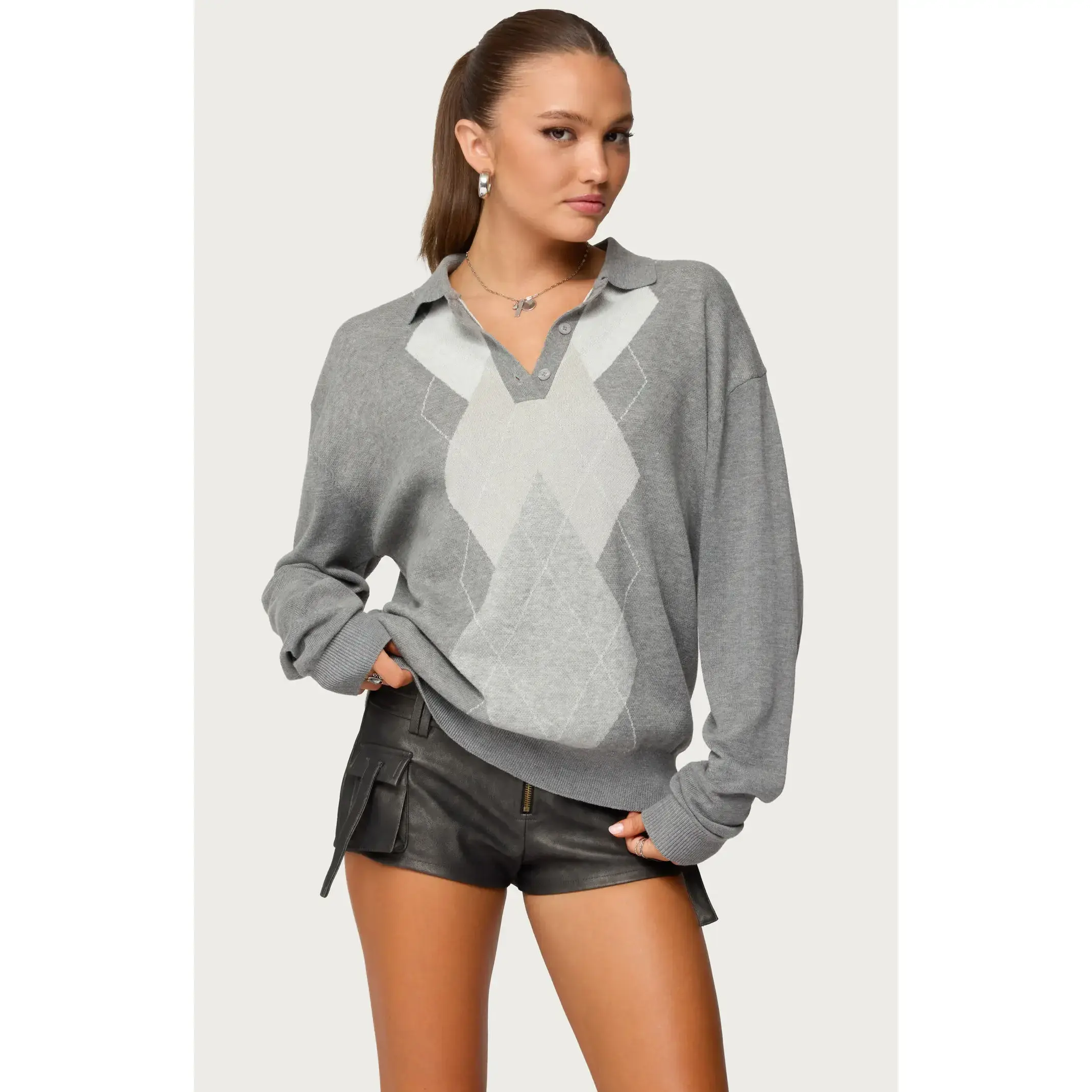 Edikted Women's Kati Argyle Oversized Polo Sweater