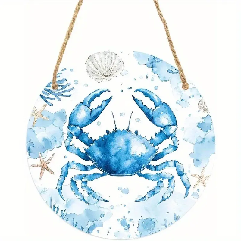 Coastal Crab Welcome Sign, Round Hanging Decorative Plaque, All-Season Porch Decoration, Blue Ocean Shell Starfish Seaweed Pattern