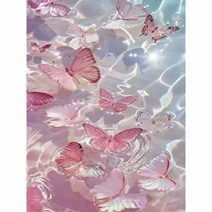 Soft Pastel Pink Butterfly Glitter Shimmer Water Wave Reflection Dreamy Aesthetic Background 5D Full Drill Round & Square Diamond Painting Kit Fantasy Butterfly Art DIY Cross Stitch Modern Elegant Home Bedroom Living Room Wall Decor