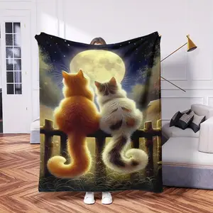 1 Cozy Couple Cat Fleece Throw Blanket - Soft, Warm Flannel With Charming Moonlit Cats Design For Single Or Double Use - Ideal For Office, Home Decor, Bed, Sofa, Car, Napping - Perfect All-Season Gift