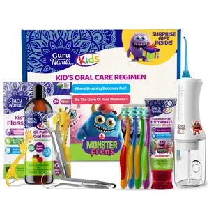 GuruNanda Kids Oral Care Regimen Kit - Toothpaste, Butter On Gums Toothbrush, Oil Pulling Mouthwash, Giraffe Floss Picks, Water Flosser & Tongue Scrapers GuruNanda Kids Oral Care Regimen Kit - Toothpaste, Butter On Gums Toothbrush, Oil Pulling Mouthwash, Giraffe Floss Picks, Water Flosser & Tongue Scrapers