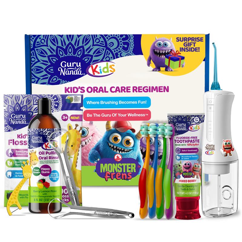 GuruNanda Kids Oral Care Regimen Kit - Toothpaste, Butter On Gums Toothbrush, Oil Pulling Mouthwash, Giraffe Floss Picks, Water Flosser & Tongue Scrapers