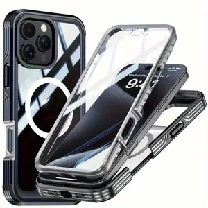 Phone Case: iPhone 16 Pro Max/15 Pro/16 Plus Three-in-One Protective Case, Designed with Tempered Glass Front Screen + Acrylic Frame Back Cover, Supports Magnetic Wireless Charging, Provides All-Around Protection