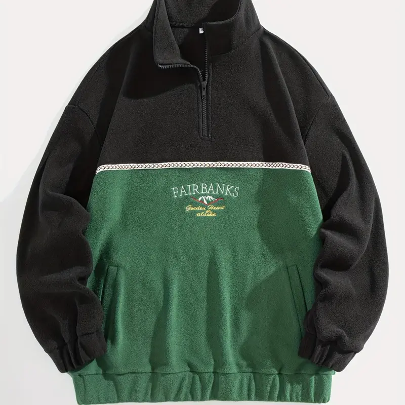 Men's Fleece Half-Zip Stand Collar Long Sleeve Sweatshirt Warm Vintage Pullover for Fall & Winter, Thick Fabric, Fitted Style, Menswear, Casual Outdoor Pullover, Casual Sports Pullover, Half Zip Collared