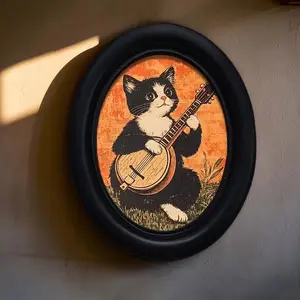1count Victorian Gothic Style Victoria'S Guitar Kitten Wall Art, Oval Wooden Decorative Plaque with Handmade Photo Transfer, Animal Landscape Design for Home and Office Decoration, Home Wall Decor | Whimsical Decor | Intricate Design, Cat Decor
