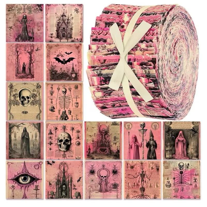 imageTitle Ganeen 100 Pcs 2.56'' Pink Halloween Jelly Fabric Strips for Quilting | Vintage Gothic Precut Fabric Roll, Skeletons Bats.