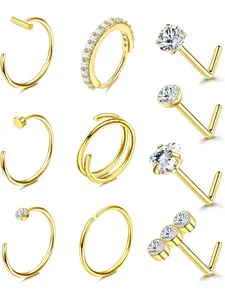 Nose Ring Studs 20G Nose Rings Hoops Stud 316L Stainless Steel Nose Rings Round CZ Heart Simulated Diamond L Shaped Nose Stud Hypoallergenic Nostril Piercing Jewelry for Women Men 10Pcs