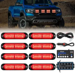 Nilight 8PCS Led Strobe Lights with Controller 12V 24V Sync Feature Red Strobe Light 12 LED Surface Mount Lights with Strobe Controller for Vehicle Car Truck RV ATV