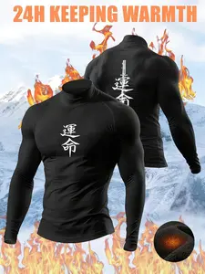 Men's Fleece Lined High Neck Sporty Sweater, Japanese Kanji Print Ninja Style, Stretch Fabric for Cold Weather Training