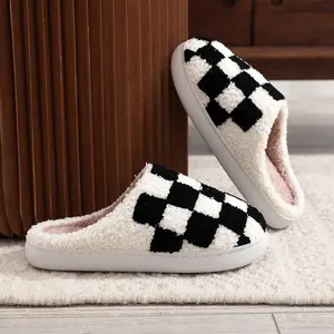 Soft Fuzzy Checkered House Slippers Cozy Warm Comfortable Winter Slippers Women & Men Slippers Cute Stylish Home Slippers - Checkered Pattern, Thick Warm, Super Soft Comfortable Home Slippers