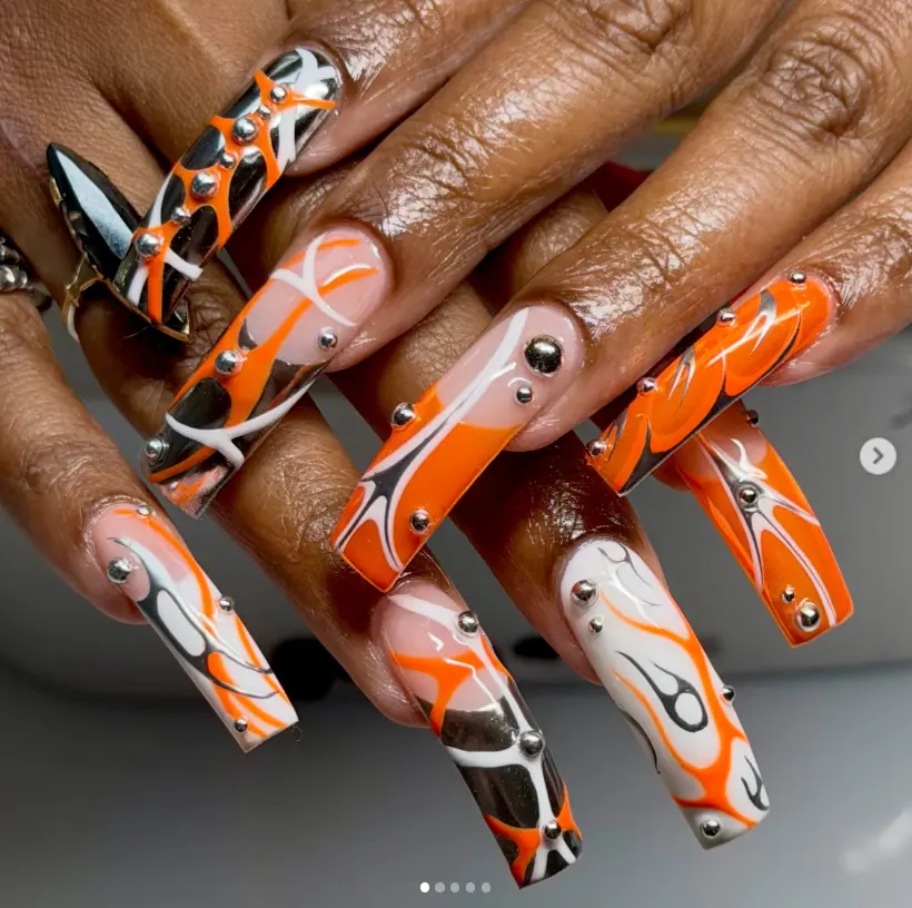 Orange Black White Abstract Flame Press On Nails with Silver Studs, Long Square Y2K Streetwear TikTok Handmade Nail Set