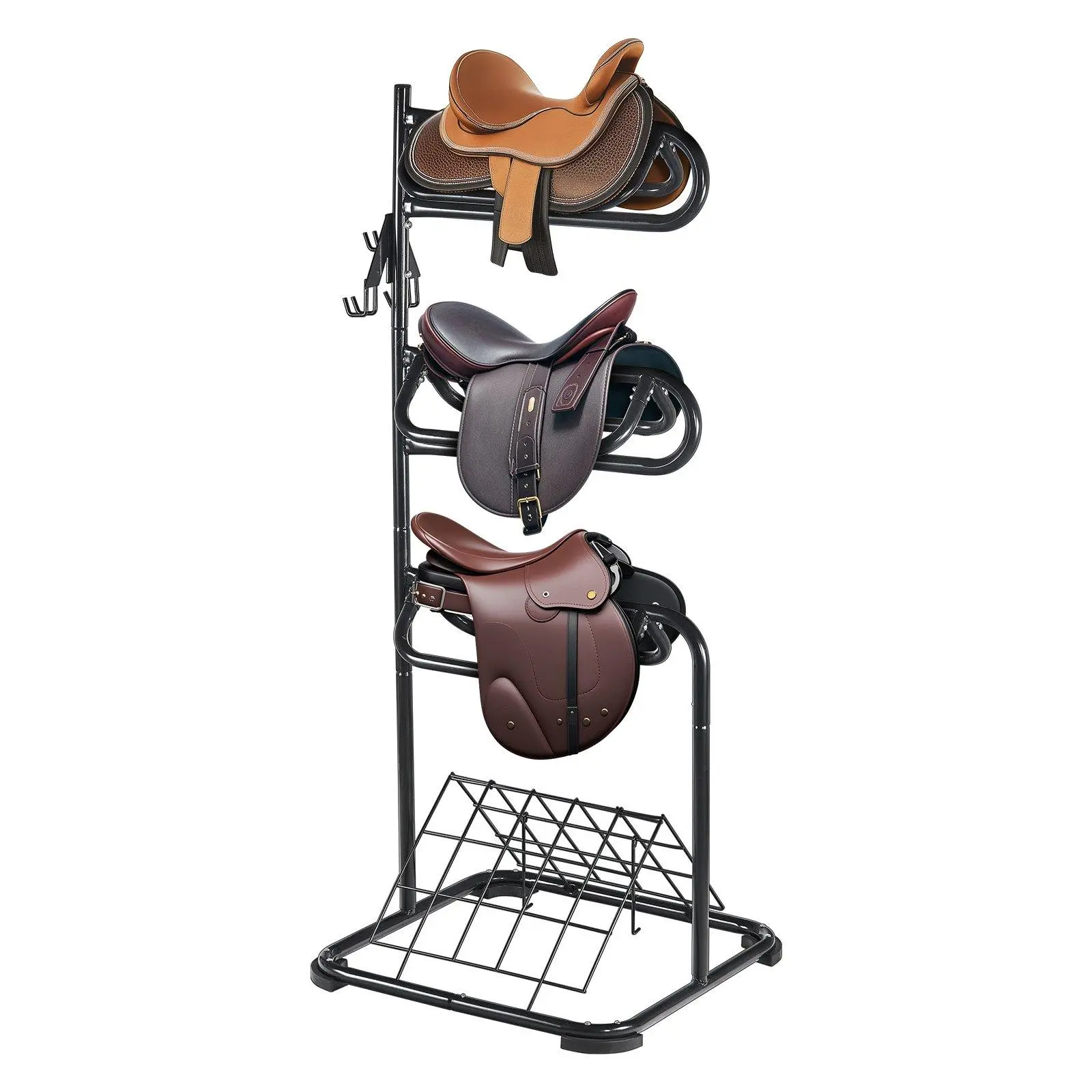 30 x 30 x 68.5 Inch Freestanding Saddle Stand, 3-Tier Heavy Duty Saddle Rack, Removable & Rotating Tier Design Saddle Blanket Holder, Carbon Steel Stable Tack Organizer for English Western Saddle Garage Tack Room Storage