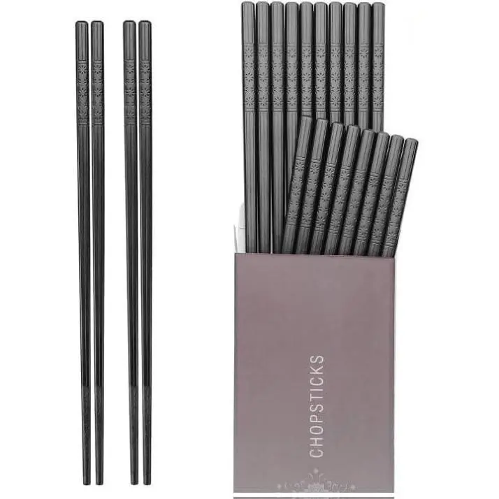 10 Pairs Black Fiberglass Chopsticks - 9.5 in BPA-Free Reusable Cutlery, Non-Slip Grip, Dishwasher Safe, Sakura Pattern Dining Table Tableware, Beginner-Friendly Healthy Durable Serving Utensils for Youth