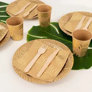 72 Pcs Paper Dinnerware Set Natural with Gold Foil Palm Leaves Print - Disposable Plates, Cups, and Napkins Tableware