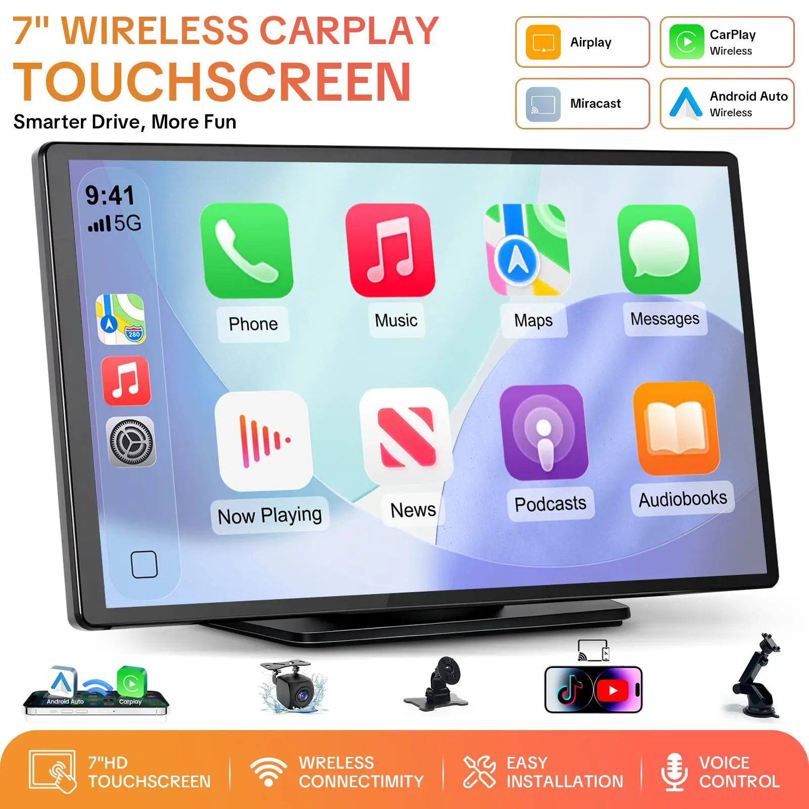 【PASLDA】Black Friday Deals 2026— Portable Wireless CarPlay Stereo, 7" 1024*600 HD Touchscreen Car Video Player, Self-Adhesive, Android Auto, Backup Camera, Mirror Link, Voice Control, Bluetooth, GPS, AUX,toolupgrade