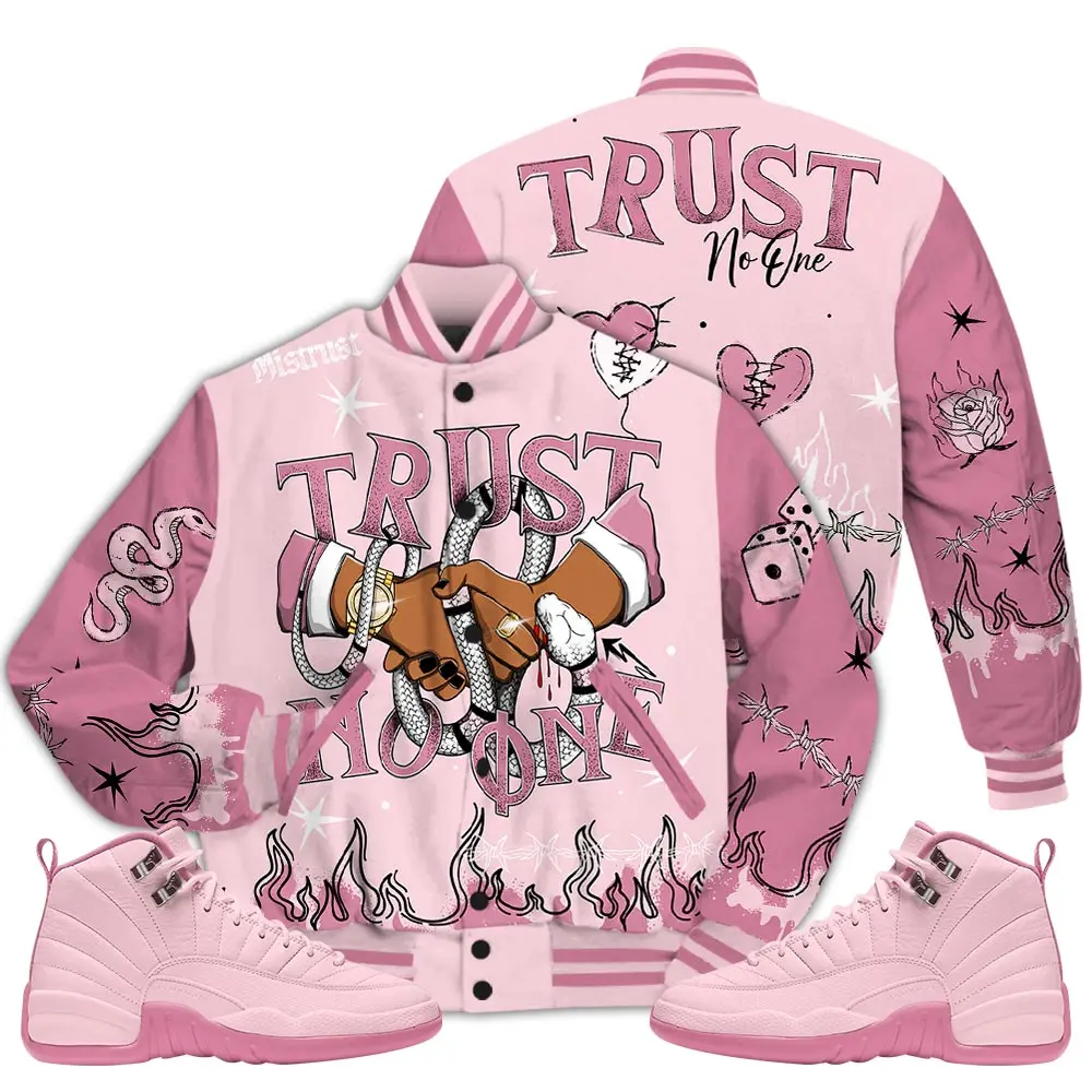 12 Pearl Pink Varsity Jacket, Pearl Pink 12s Letterman Jackets, Tattoo Trust No One T-Shirt To Match Sneaker Outfit Casual Fabric Womenswear Athletic