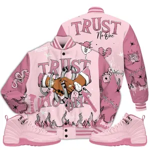 12 Pearl Pink Varsity Jacket, Pearl Pink 12s Letterman Jackets, Tattoo Trust No One T-Shirt To Match Sneaker Outfit Casual Fabric Womenswear Athletic