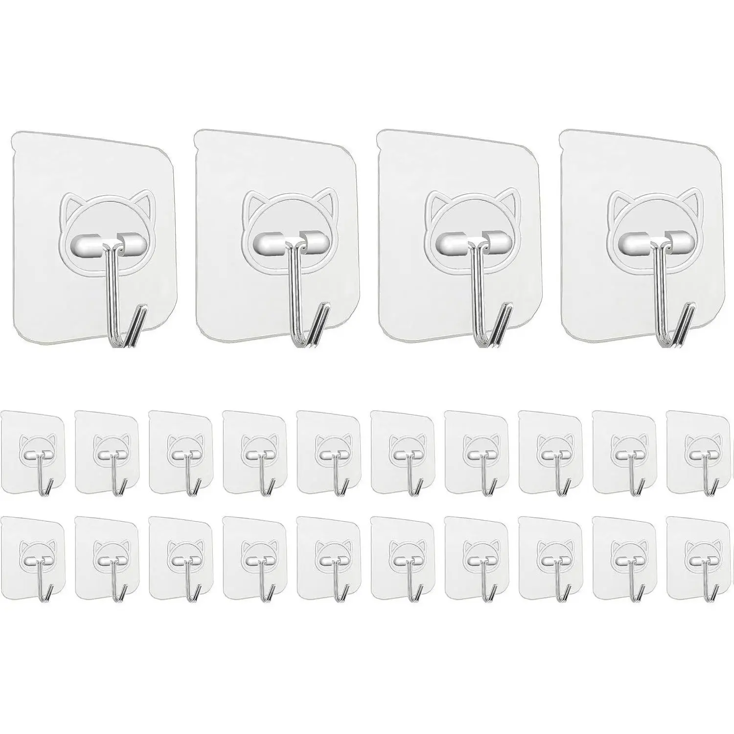 24-Pack Heavy Duty 304 Stainless Steel Metal Self-Adhesive Wall Hanging Hooks, 33lb Max Load, 13.2 lbs per Hook, Transparent Waterproof Non-Toxic Eco-Friendly Sticky Hangers for Keys, Bathroom, Adhesive Wall Hooks, Home Storage Hook