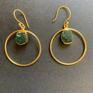 Green Raw Gemstone Brass Drop Earrings for Women