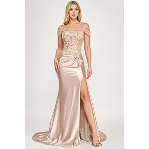 Clearance Champagne Size M Off-Shoulder Beaded Corset Satin Gown with High Slit By Lenovia 8348