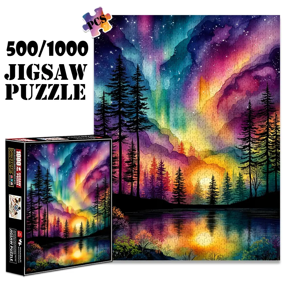 1pc 1000 piece adult Family Puzzle 70x50cm Aurora Borealis over Forest and Lake Landscape 500 pieces paper jigsaw puzzle Shape Recognition Puzzles suitable for DIY creative games for adults and families, birthday and holiday stress